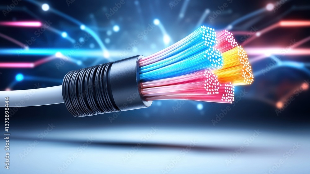 Poster vibrant and dynamic abstract image of a colorful fiber optic cable conveying high speed digital data