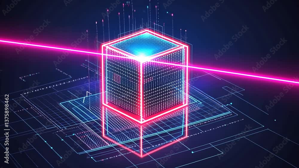 Aufkleber abstract digital cube with laser beam: futuristic technology and data visualization