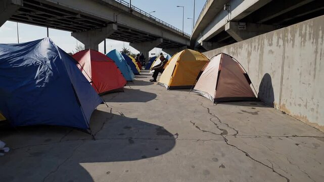 Homeless man squatting by tents under highway overpass