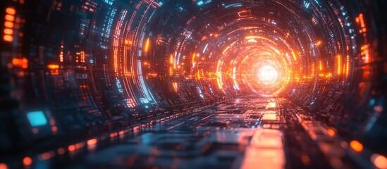 Futuristic tunnel, glowing light, technology, pathway