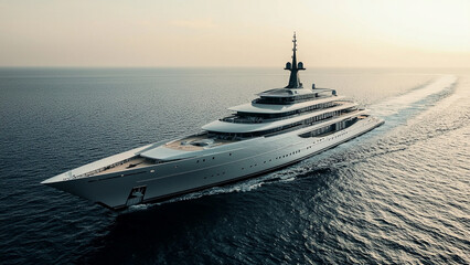 Aerial drone view of a luxury yacht in the open ocean