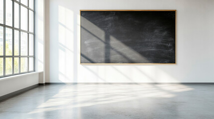 Fototapeta premium Empty bright modern classroom with blank chalkboard and shadows from panoramic window, daylight, background education and knowledge