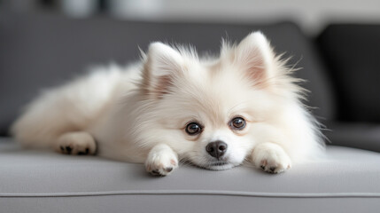 Cute white Pomeranian dog lying on couch