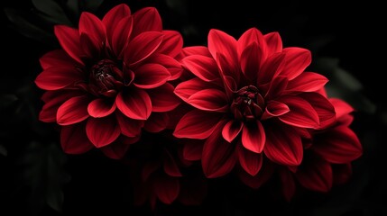 Stunning Deep Red Dahlia Flowers Dark Background Closeup Photography Botanical Image Nature Floral Bloom Elegant Vivid Rich Crimson Petals Intense Color Floral Art Dark Moody Dramatic Backlit Life    