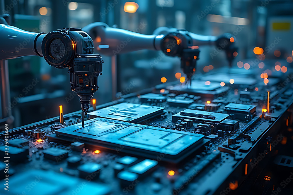 Poster high-tech environment close-up of automated robotics in assembly line manufacturing