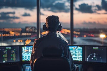 Rear view of a air traffic controller at his post in the control tower working on his screen