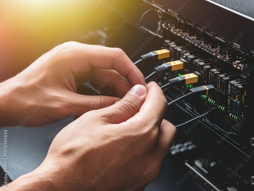 Poster hands of a tech expert configu secure network connections with fiber optic cables for a server setup