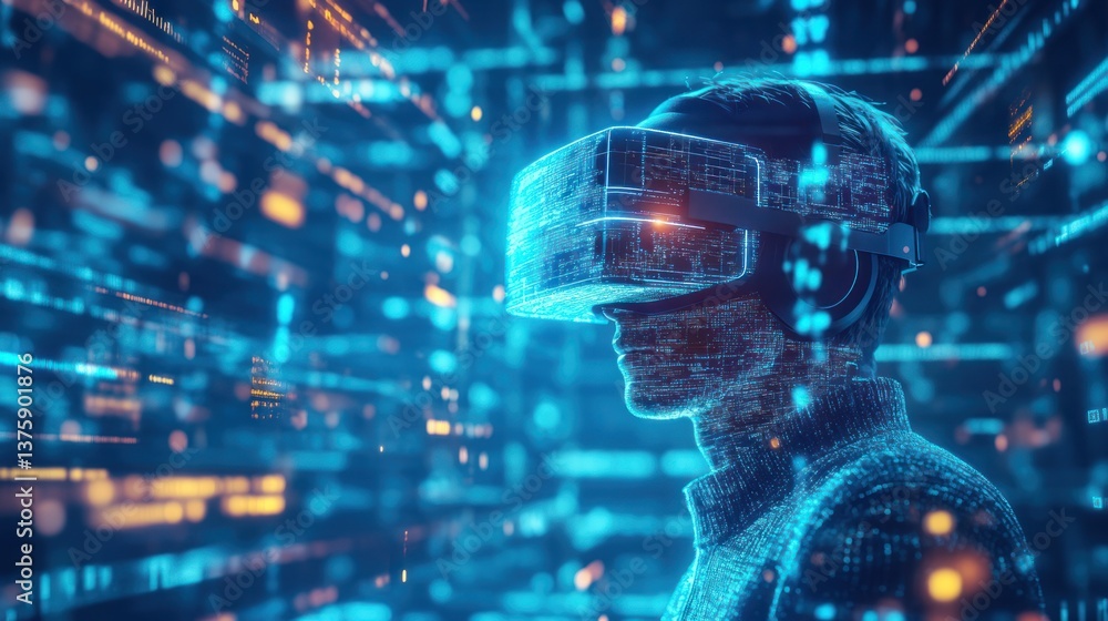 Poster immersive virtual reality experience with high-tech headset navigating cyberspace