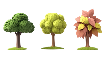 Three stylized cartoon trees with different leaf shapes and colors, rendered in 3D on a white background.