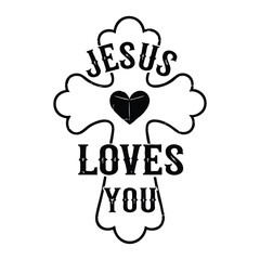 Black and White Jesus Loves You Cross Vector Design with Rounded Edges, and Heart