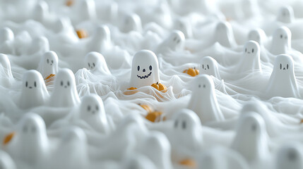 Obraz premium Whimsical ghost gathering haunted house halloween decorations spooky atmosphere overhead view playful spirits