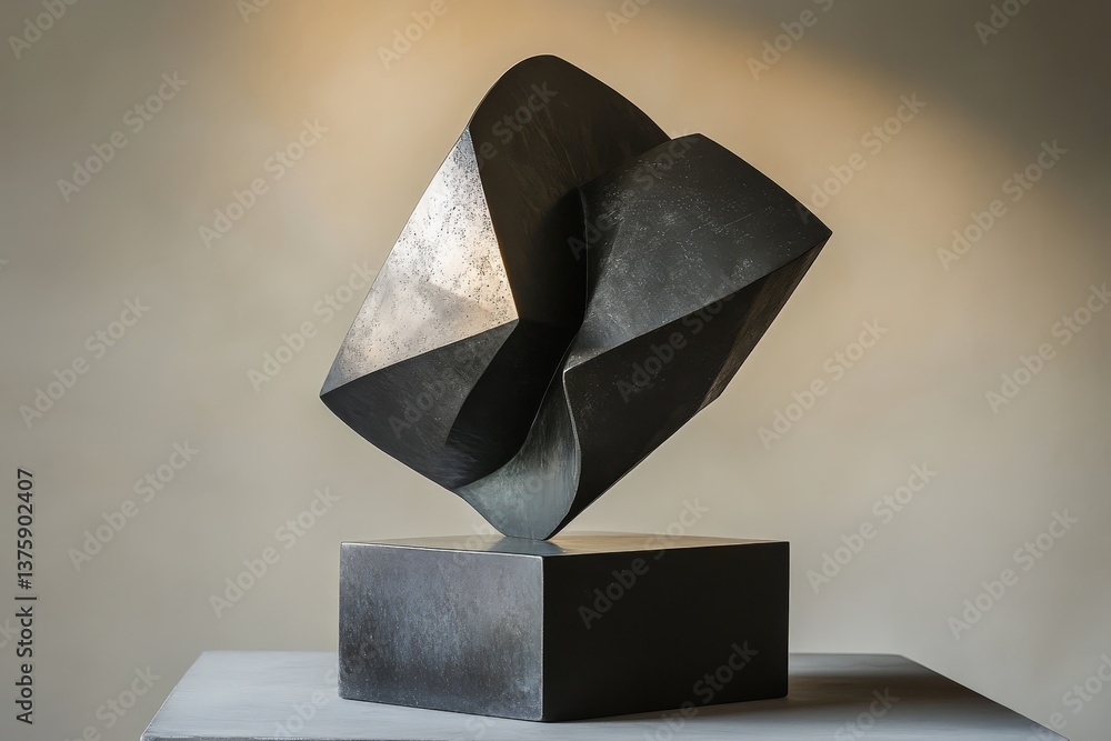 Poster an abstract modern sculpture displayed on a simple dark block
