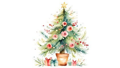 Naklejka premium Watercolor Christmas Tree with Ornaments and Gifts – Festive Holiday Art, Hand-Painted Xmas Tree with Presents, Watercolor Christmas Tree – Seasonal Holiday Greeting Card