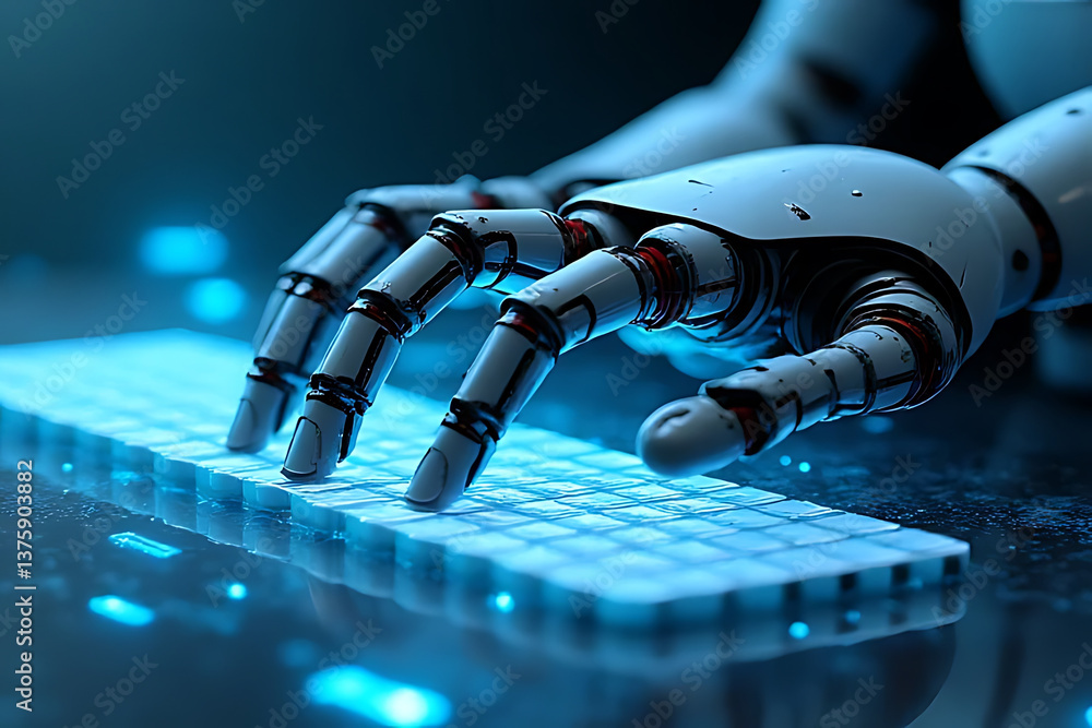 Poster robotic hand typing on virtual keyboard in futuristic environment technology and innovation