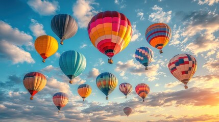 Fototapeta premium Colorful hot air balloons soaring in a vibrant sky at sunrise