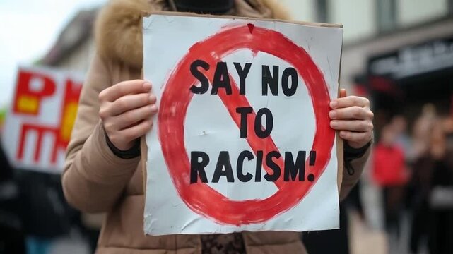 Say no to racism sign held in a rally on the street