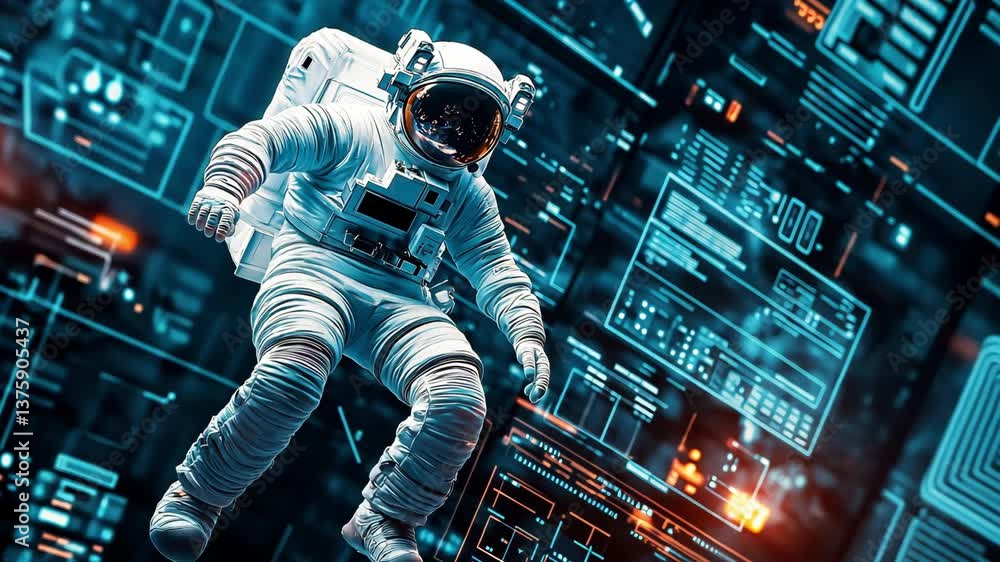 Aufkleber an astronaut is floating in a futuristic setting filled with holographic displays and digital data s