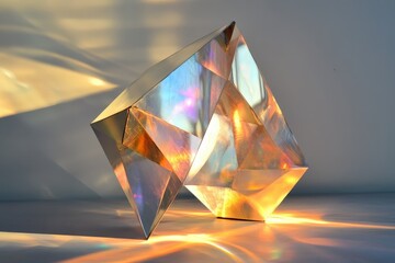 Geometric Metallic Sculpture Displaying Iridescent Colors With Light and Shadow