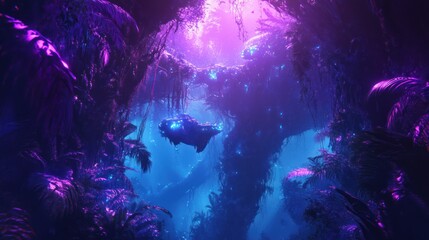 Fototapeta premium A fantastical glowing jungle scene with floating illuminated forms