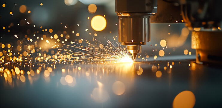 industrial laser cutting process, sparks flying in modern manufacturing facility