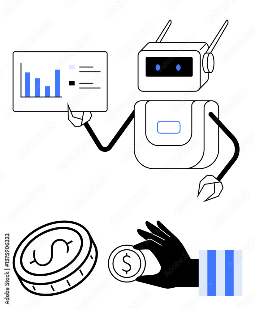 Aufkleber robot analyzing bar graphs and statistics, holding a financial data board. includes coin icon and ha