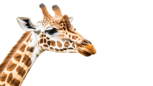 Giraffe portrait with striking spots, neck and head close up, cut out transparent