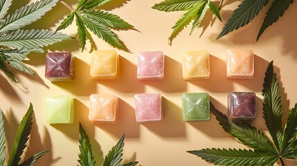 Colorful cannabis-infused gummies displayed alongside vibrant cannabis leaves create a lively and appealing arrangement.