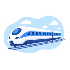 Stylized illustration of a high-speed train on a railway track, blue sky with clouds in the background, modern design and colors.