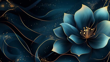 Naklejka premium Elegant Teal Flower with Gold Accents Abstract Dark Background Luxury Floral Design Artistic Teal Bloom Nature Inspired Botanical Illustration Modern Art Graphic Design Wallpaper Teal Blue Gold rich 
