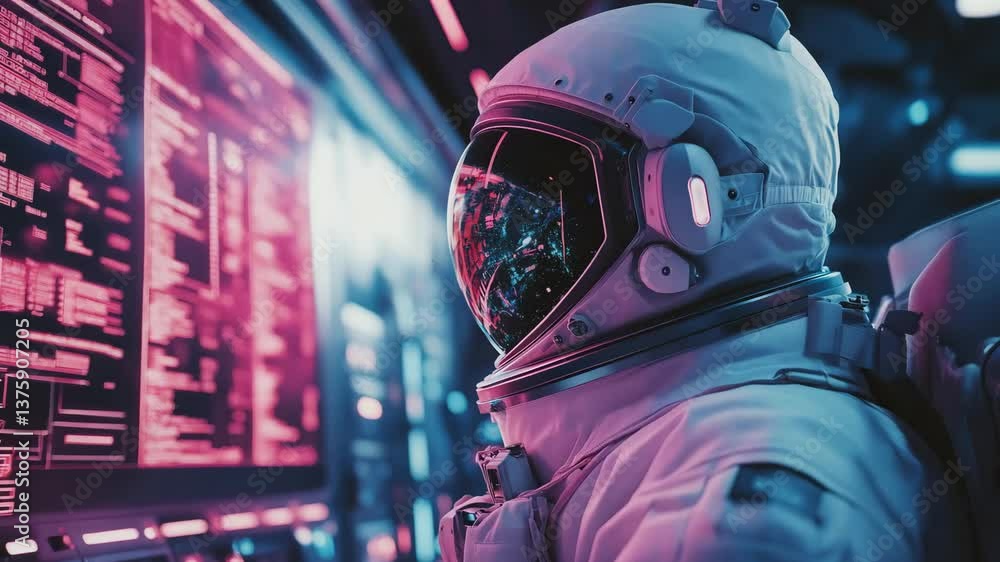 Poster an astronaut in a high tech space suit observes screens filled with complex data in a futuristic spa