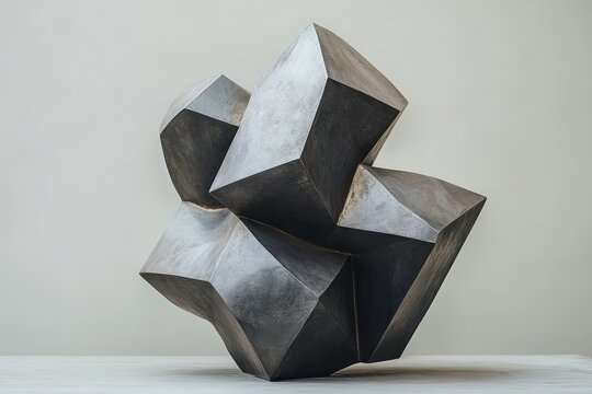 A complex sculpture composed of geometric forms in dark metallic hues