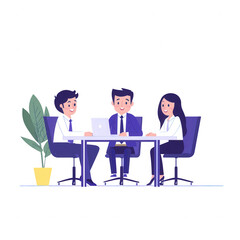 Obraz premium Three professionals collaborating at a table, discussing ideas with a laptop and a plant in the background. A stylish and productive office meeting atmosphere.