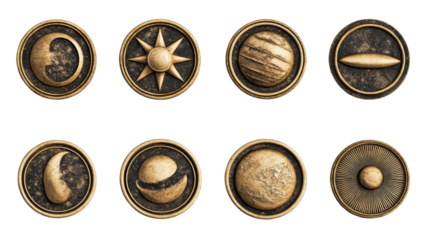 Collection of celestial bronze tokens, symbols, cut out transparent