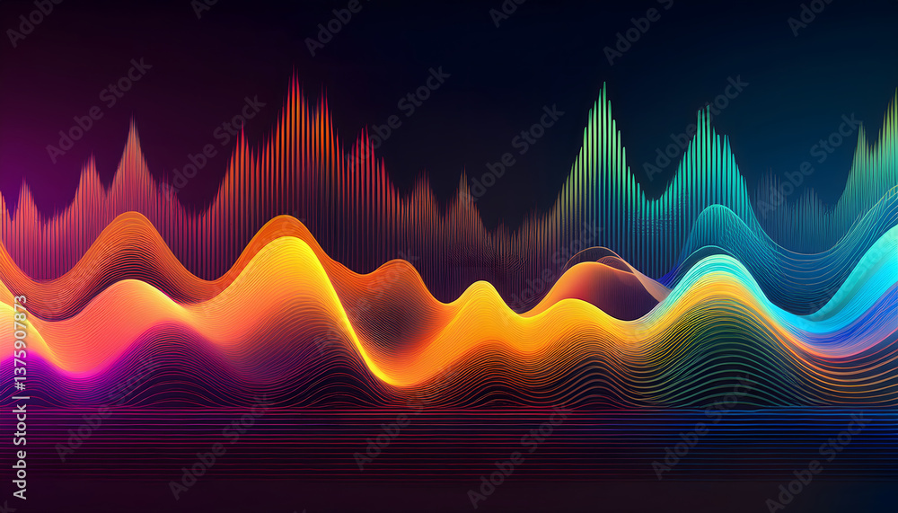 Poster Abstract sound waves represented in vibrant colors and smooth lines, creating a dynamic visual rhythm