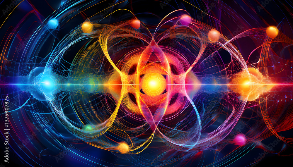 Poster Abstract representation of atomic particles with vibrant colors and dynamic lines, symbolizing energy and movement in a cosmic setting