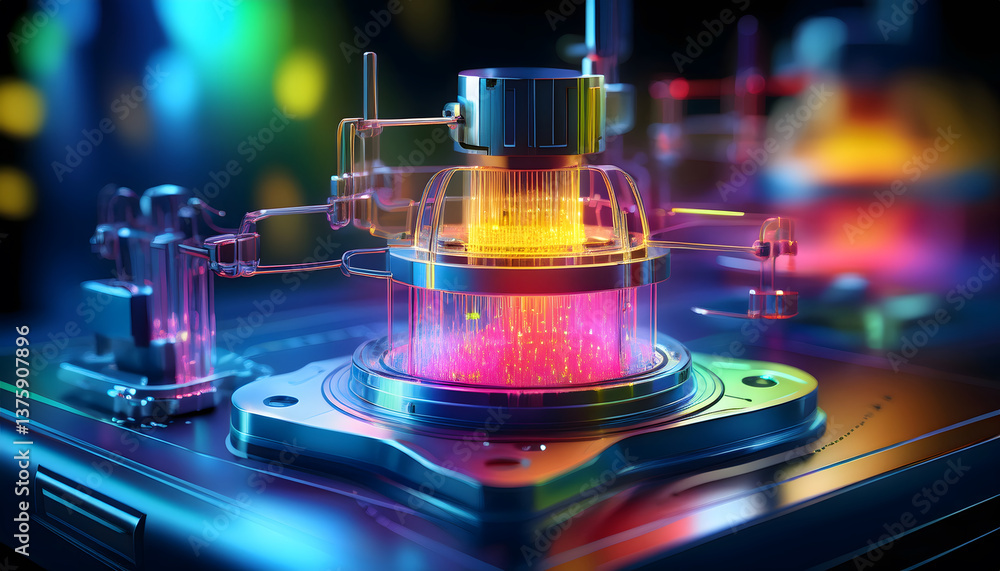 Poster futuristic laboratory device with vibrant colors and glowing elements, emphasizing technology and in