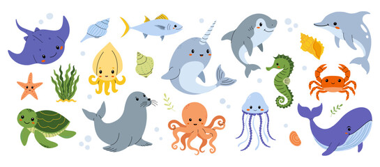 Various adorable marine animals and sea life represented in a cartoon illustration