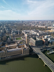Aerial shot over Big Ben Westminster Square London UK