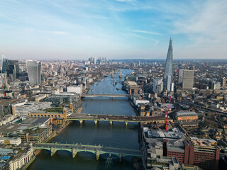 Aerial view over London towards Tower Bridge UK 