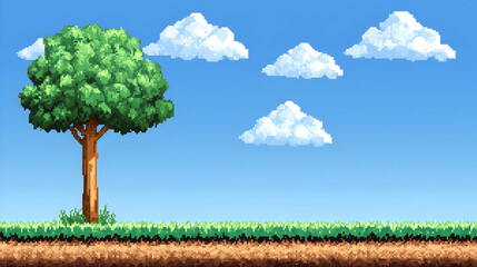 Pixel Art Landscape Featuring a Tree on a Green Field Under a Cloudy Blue Sky in a Retro Style