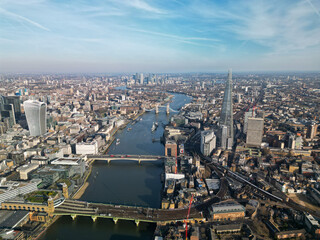 Aerial view over London towards Tower Bridge UK 
