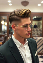 Fototapeta premium A young man wearing glasses and a formal suit, showcasing an elegant hairstyle, in a contemporary barbershop setting. The image conveys professionalism, modern fashion, and confidence.