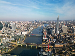 Aerial view over London towards Tower Bridge UK 
