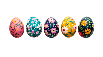 Floral painted Easter eggs in row, colorful, festive, cut out transparent