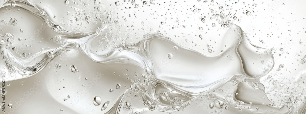 Poster fluid movement of clear water creates an abstract design with bubbles and ripples against a light ba