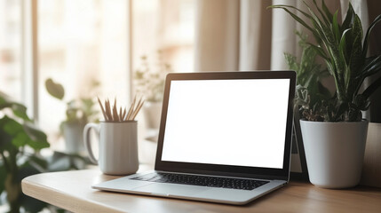 Minimalist laptop setup on birch wood desk with plants in bright Scandinavian-inspired workspace