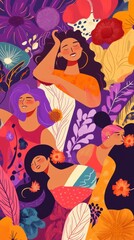 Fototapeta premium Vibrant Women Celebrating Diversity Amidst Colorful Floral Patterns