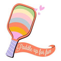 Colorful vector illustration of a pickleball paddle with rainbow stripes and lettering on the side of the ribbon,vector illustration.