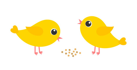 Yellow baby Easter chicks. Cute chicks feeding on grain. Vector illustration.