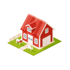 A charming red farmhouse with a white fence and green lawn, featuring cows grazing nearby, set against a clear background for an appealing visual.